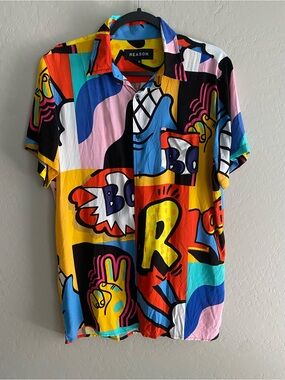 Reason Brand Pop Art Graffiti Button Up Shirt Mens Medium M Comic Colorblock